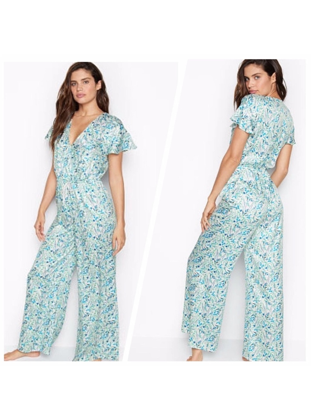 Victoria's Secret Silky Satin Floral Ruffle Flutter Jumpsuit - L